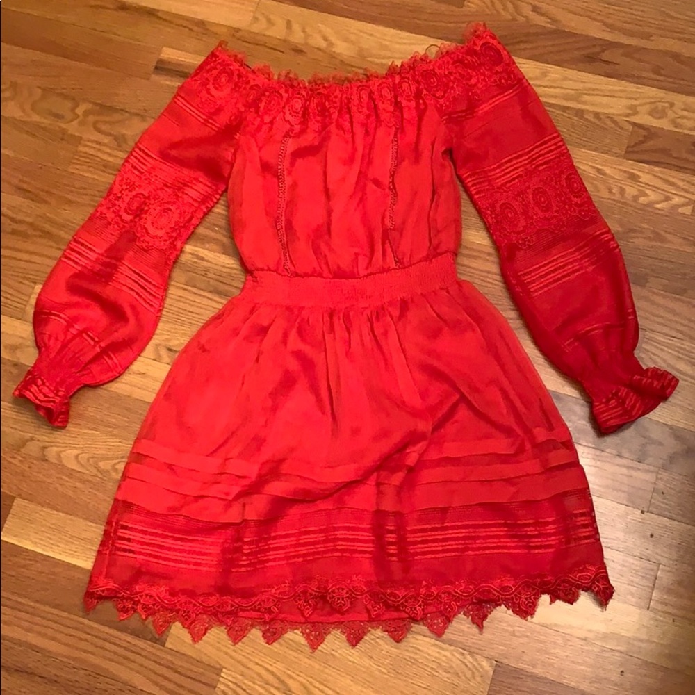 Red off the shoulder dress with lace detail!
